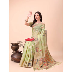 Mayawye Women's Linen Cotton Printed Saree With Unstitched Blouse 5.5Mtr (Light Green)