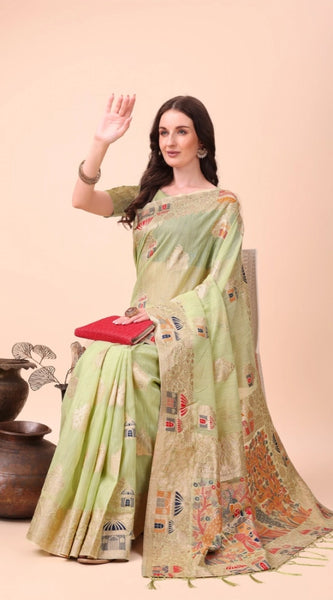 Mayawye Women's Linen Cotton Printed Saree With Unstitched Blouse 5.5Mtr (Light Green)