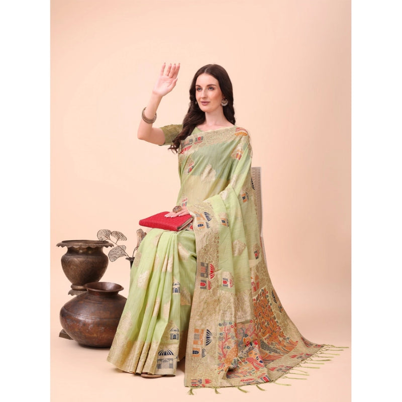 Mayawye Women's Linen Cotton Printed Saree With Unstitched Blouse 5.5Mtr (Light Green)