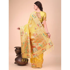 Mayawye Women's Linen Cotton Printed Saree With Unstitched Blouse 5.5Mtr (Yellow)
