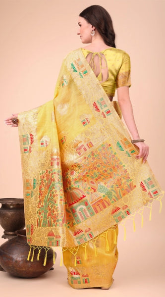 Mayawye Women's Linen Cotton Printed Saree With Unstitched Blouse 5.5Mtr (Yellow)