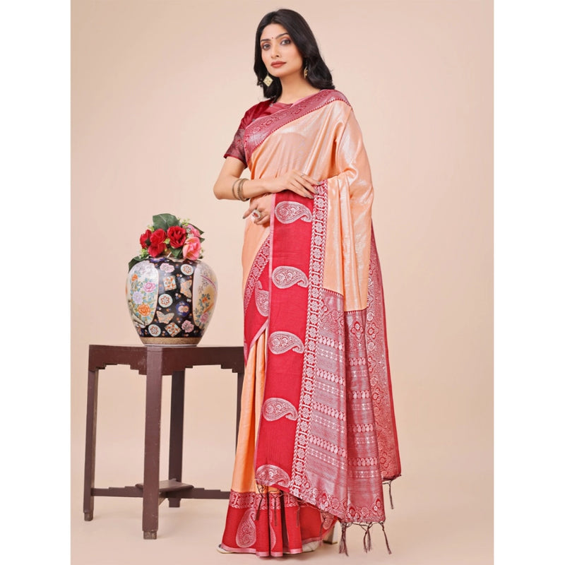 Mayawye Women's Lichi Silk Printed Saree With Unstitched Blouse 5.5Mtr (Peach)