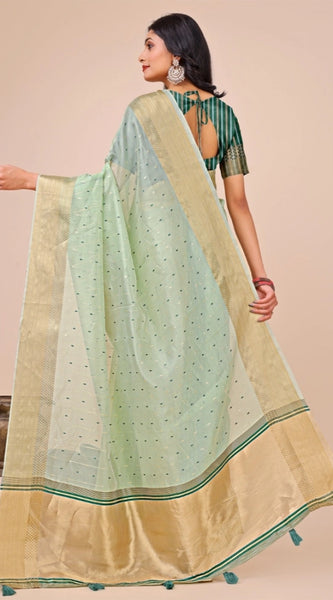 Mayawye Women's Organza Printed Saree With Unstitched Blouse 5.5Mtr (Olive Green)