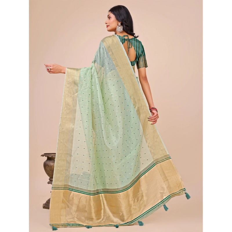Mayawye Women's Organza Printed Saree With Unstitched Blouse 5.5Mtr (Olive Green)