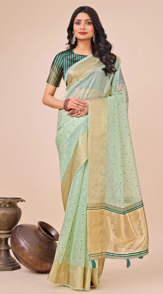 Mayawye Women's Organza Printed Saree With Unstitched Blouse 5.5Mtr (Olive Green)