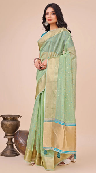 Mayawye Women's Organza Printed Saree With Unstitched Blouse 5.5Mtr (Green)
