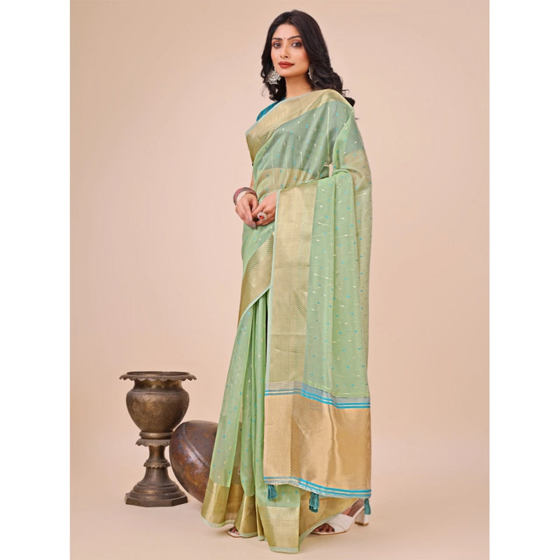 Mayawye Women's Organza Printed Saree With Unstitched Blouse 5.5Mtr (Green)