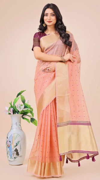 Mayawye Women's Organza Printed Saree With Unstitched Blouse 5.5Mtr (Light Pink)