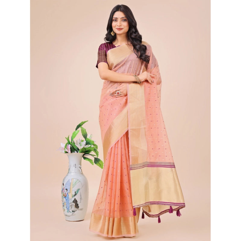 Mayawye Women's Organza Printed Saree With Unstitched Blouse 5.5Mtr (Light Pink)