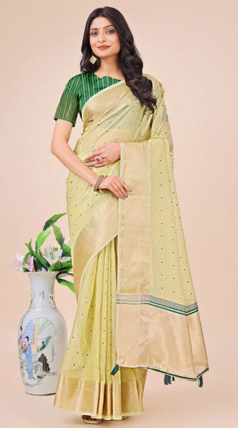 Mayawye Women's Organza Printed Saree With Unstitched Blouse 5.5Mtr (Light Green)