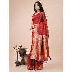 Mayawye Women's Linen Cotton Printed Saree With Unstitched Blouse 5.5Mtr (Red)