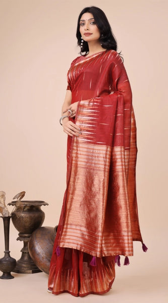 Mayawye Women's Linen Cotton Printed Saree With Unstitched Blouse 5.5Mtr (Red)