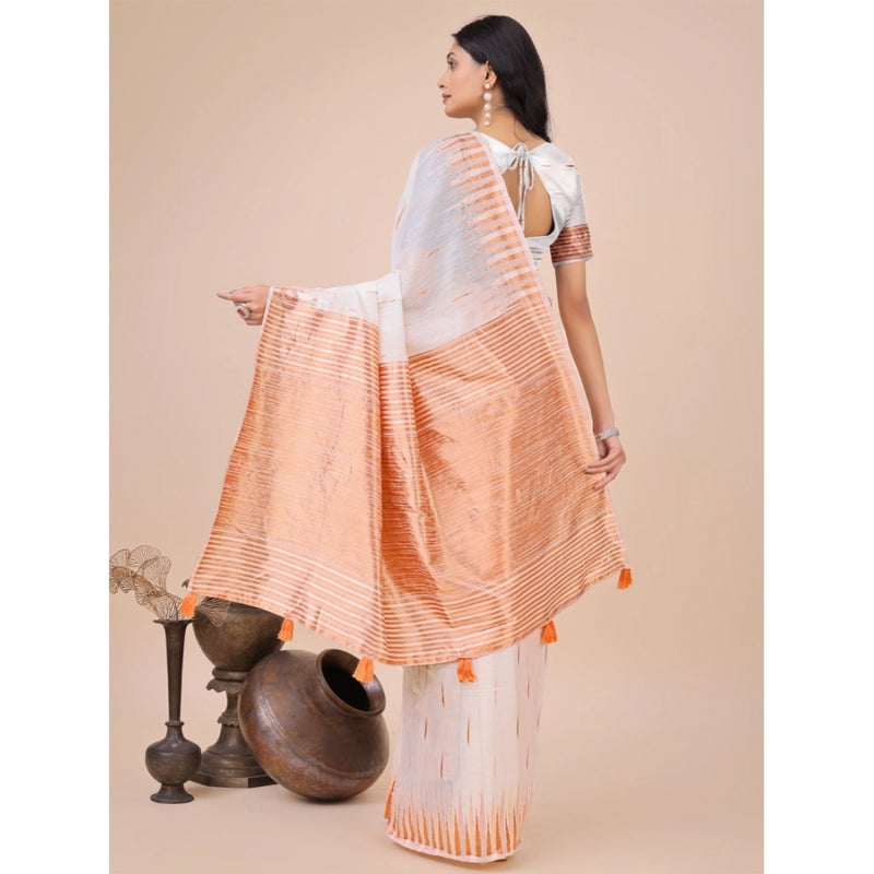 Mayawye Women's Linen Cotton Printed Saree With Unstitched Blouse 5.5Mtr (White)