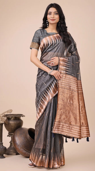 Mayawye Women's Linen Cotton Printed Saree With Unstitched Blouse 5.5Mtr (Grey)