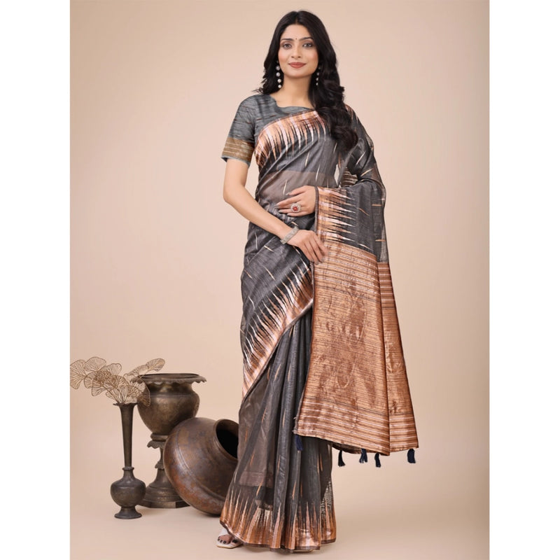 Mayawye Women's Linen Cotton Printed Saree With Unstitched Blouse 5.5Mtr (Grey)
