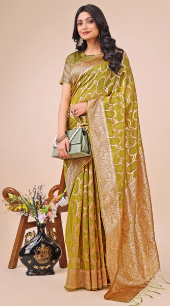 Mayawye Women's Linen Cotton Printed Saree With Unstitched Blouse 5.5Mtr (Olive Green)