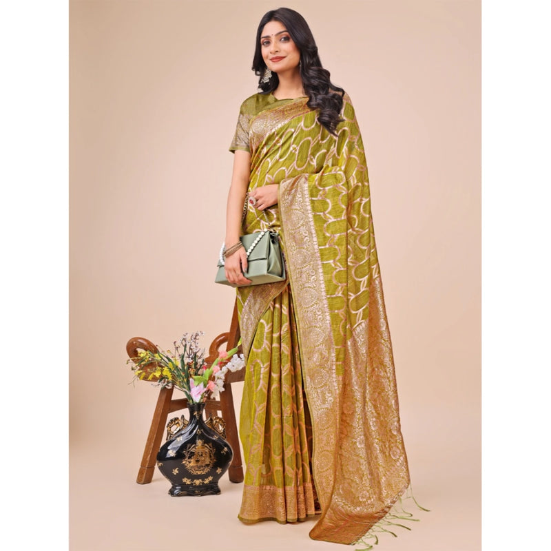 Mayawye Women's Linen Cotton Printed Saree With Unstitched Blouse 5.5Mtr (Olive Green)