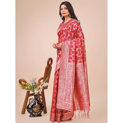 Mayawye Women's Linen Cotton Printed Saree With Unstitched Blouse 5.5Mtr (Red)