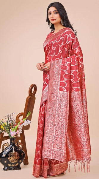 Mayawye Women's Linen Cotton Printed Saree With Unstitched Blouse 5.5Mtr (Red)