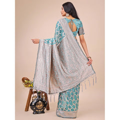 Mayawye Women's Linen Cotton Printed Saree With Unstitched Blouse 5.5Mtr (Teal)