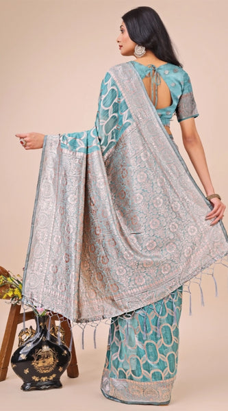 Mayawye Women's Linen Cotton Printed Saree With Unstitched Blouse 5.5Mtr (Teal)