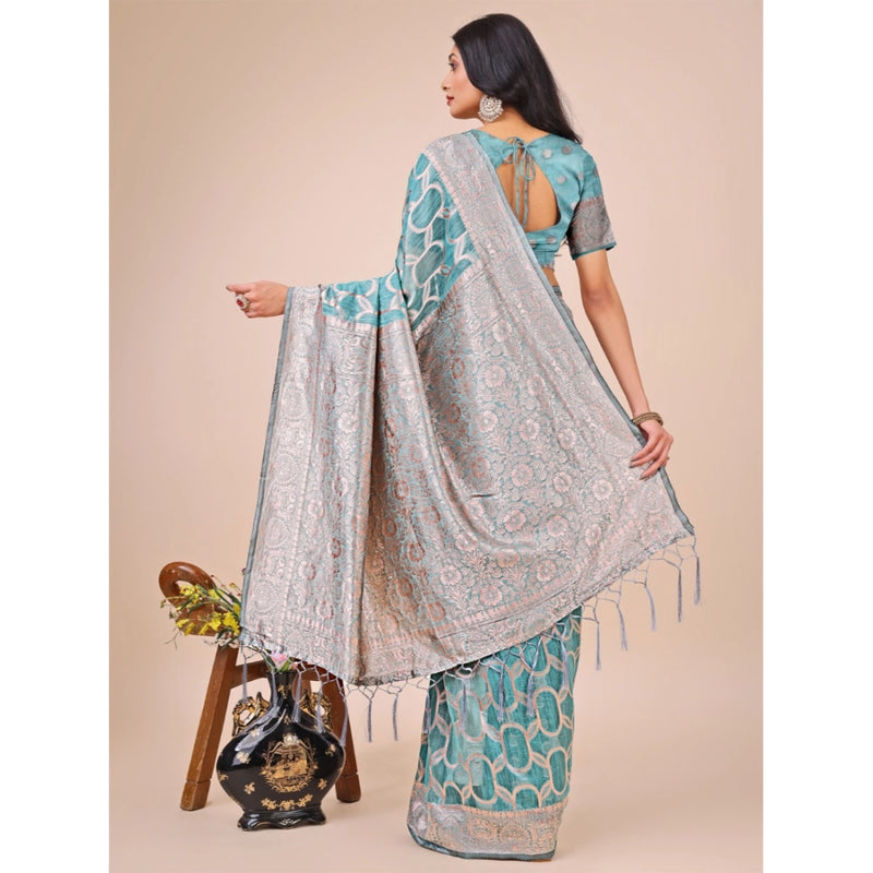 Mayawye Women's Linen Cotton Printed Saree With Unstitched Blouse 5.5Mtr (Teal)