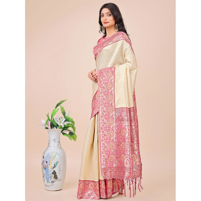 Mayawye Women's Lichi Silk Printed Saree With Unstitched Blouse 5.5Mtr (Cream)