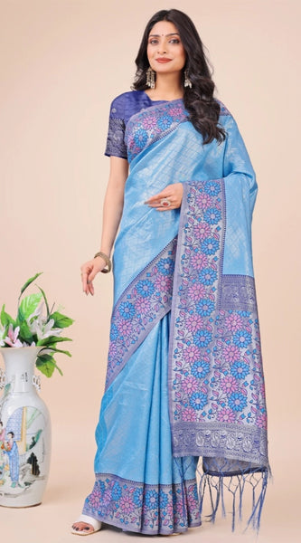 Mayawye Women's Lichi Silk Printed Saree With Unstitched Blouse 5.5Mtr (Sky Blue)