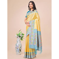 Mayawye Women's Lichi Silk Printed Saree With Unstitched Blouse 5.5Mtr (Yellow)