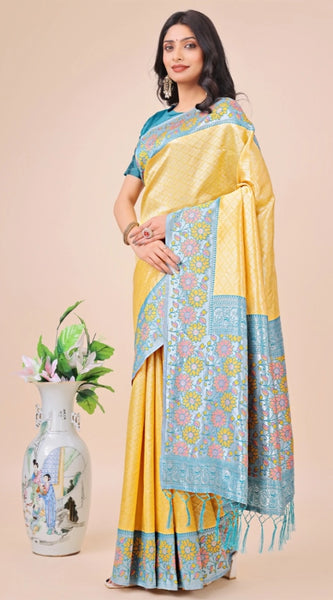 Mayawye Women's Lichi Silk Printed Saree With Unstitched Blouse 5.5Mtr (Yellow)