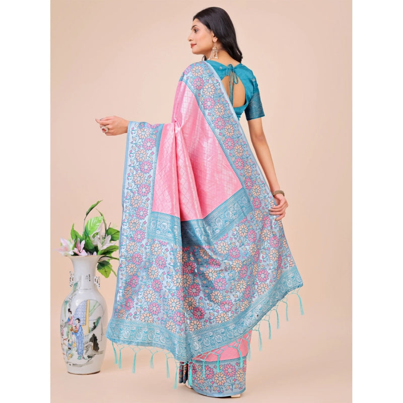 Mayawye Women's Lichi Silk Printed Saree With Unstitched Blouse 5.5Mtr (Pink)
