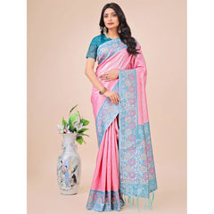 Mayawye Women's Lichi Silk Printed Saree With Unstitched Blouse 5.5Mtr (Pink)