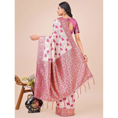 Mayawye Women's Linen Cotton Printed Saree With Unstitched Blouse 5.5Mtr (Magenta)