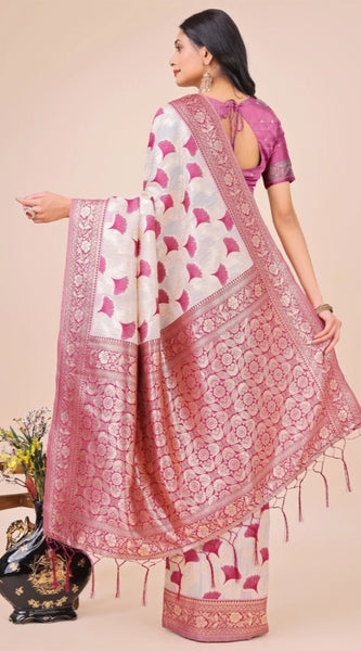 Mayawye Women's Linen Cotton Printed Saree With Unstitched Blouse 5.5Mtr (Magenta)