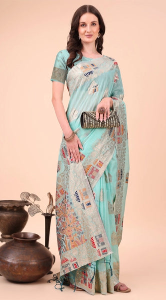 Mayawye Women's Linen Cotton Printed Saree With Unstitched Blouse 5.5Mtr (Sky Blue)