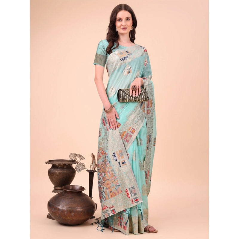 Mayawye Women's Linen Cotton Printed Saree With Unstitched Blouse 5.5Mtr (Sky Blue)