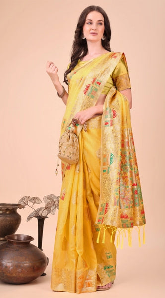 Mayawye Women's Linen Cotton Printed Saree With Unstitched Blouse 5.5Mtr (Yellow)