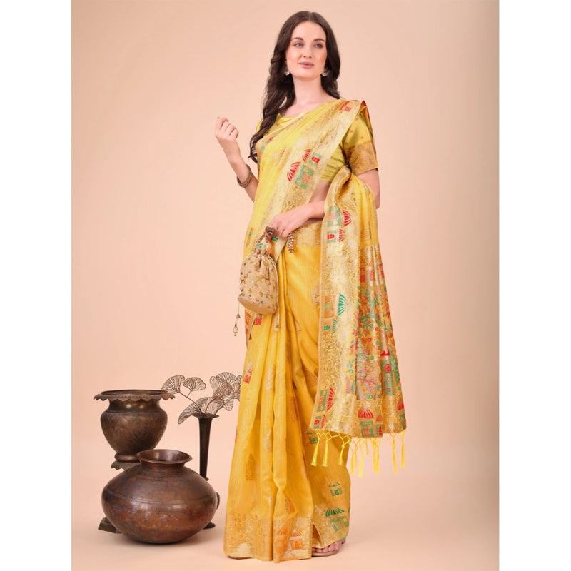Mayawye Women's Linen Cotton Printed Saree With Unstitched Blouse 5.5Mtr (Yellow)