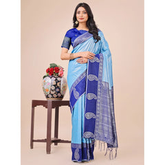Mayawye Women's Lichi Silk Printed Saree With Unstitched Blouse 5.5Mtr (Sky Blue)