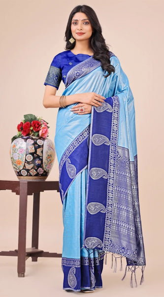 Mayawye Women's Lichi Silk Printed Saree With Unstitched Blouse 5.5Mtr (Sky Blue)