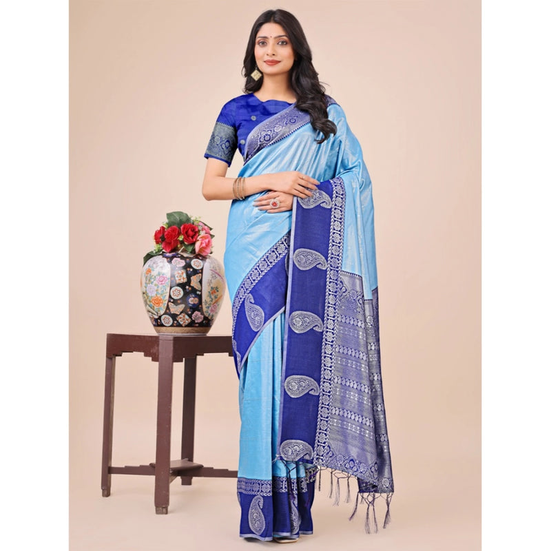 Mayawye Women's Lichi Silk Printed Saree With Unstitched Blouse 5.5Mtr (Sky Blue)