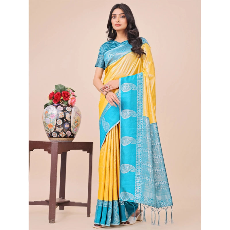 Mayawye Women's Lichi Silk Printed Saree With Unstitched Blouse 5.5Mtr (Yellow)