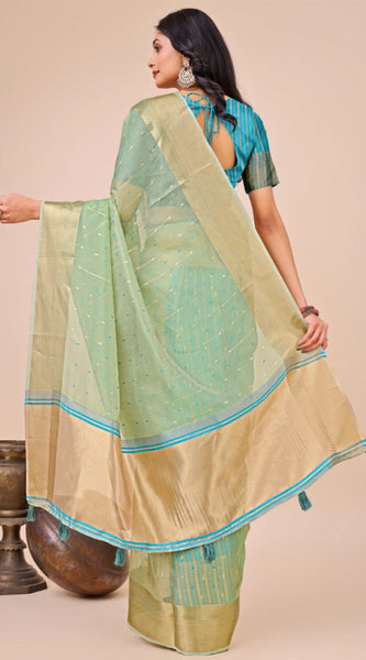 Mayawye Women's Organza Printed Saree With Unstitched Blouse 5.5Mtr (Green)