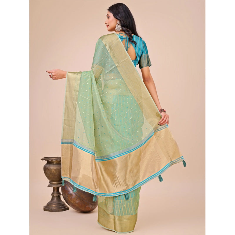 Mayawye Women's Organza Printed Saree With Unstitched Blouse 5.5Mtr (Green)