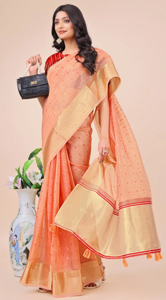 Mayawye Women's Organza Printed Saree With Unstitched Blouse 5.5Mtr (Peach)