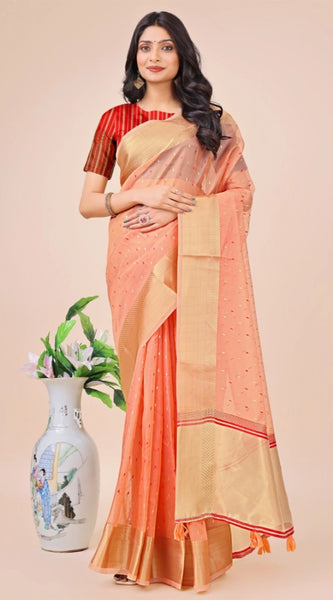 Mayawye Women's Organza Printed Saree With Unstitched Blouse 5.5Mtr (Peach)