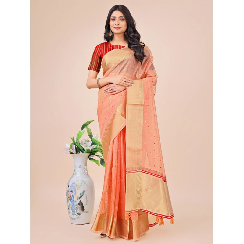 Mayawye Women's Organza Printed Saree With Unstitched Blouse 5.5Mtr (Peach)