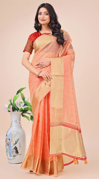 Mayawye Women's Organza Printed Saree With Unstitched Blouse 5.5Mtr (Peach)
