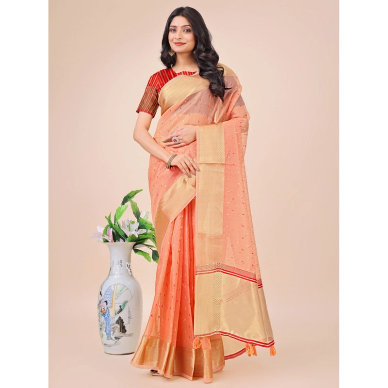 Mayawye Women's Organza Printed Saree With Unstitched Blouse 5.5Mtr (Peach)