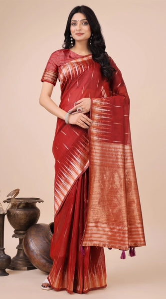 Mayawye Women's Linen Cotton Printed Saree With Unstitched Blouse 5.5Mtr (Red)